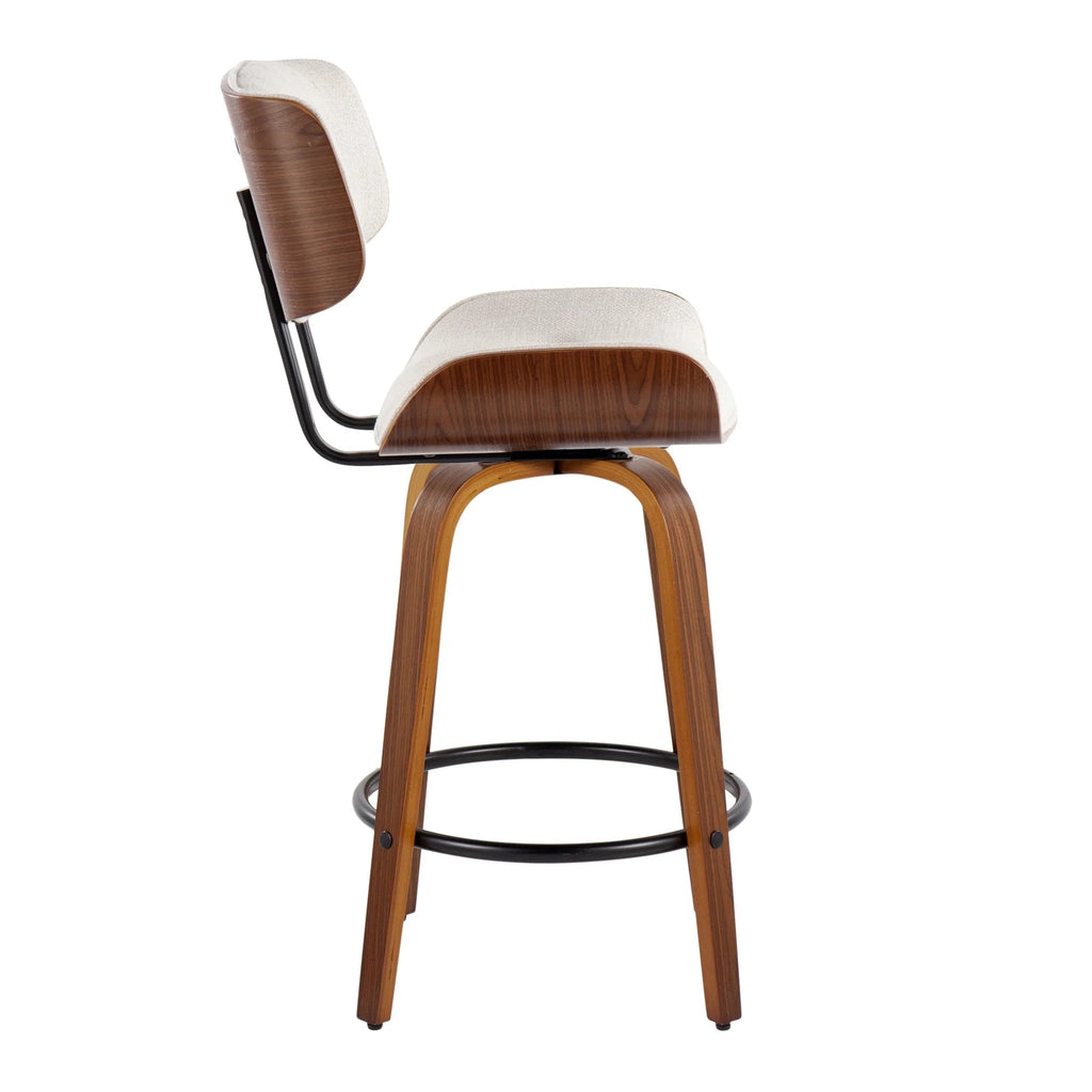 26" Mid-Century Modern Counter Stool with Swivel in Walnut Wood and Cream Noise Fabric with Round Black Metal Footrest - Set of 2 Y3003