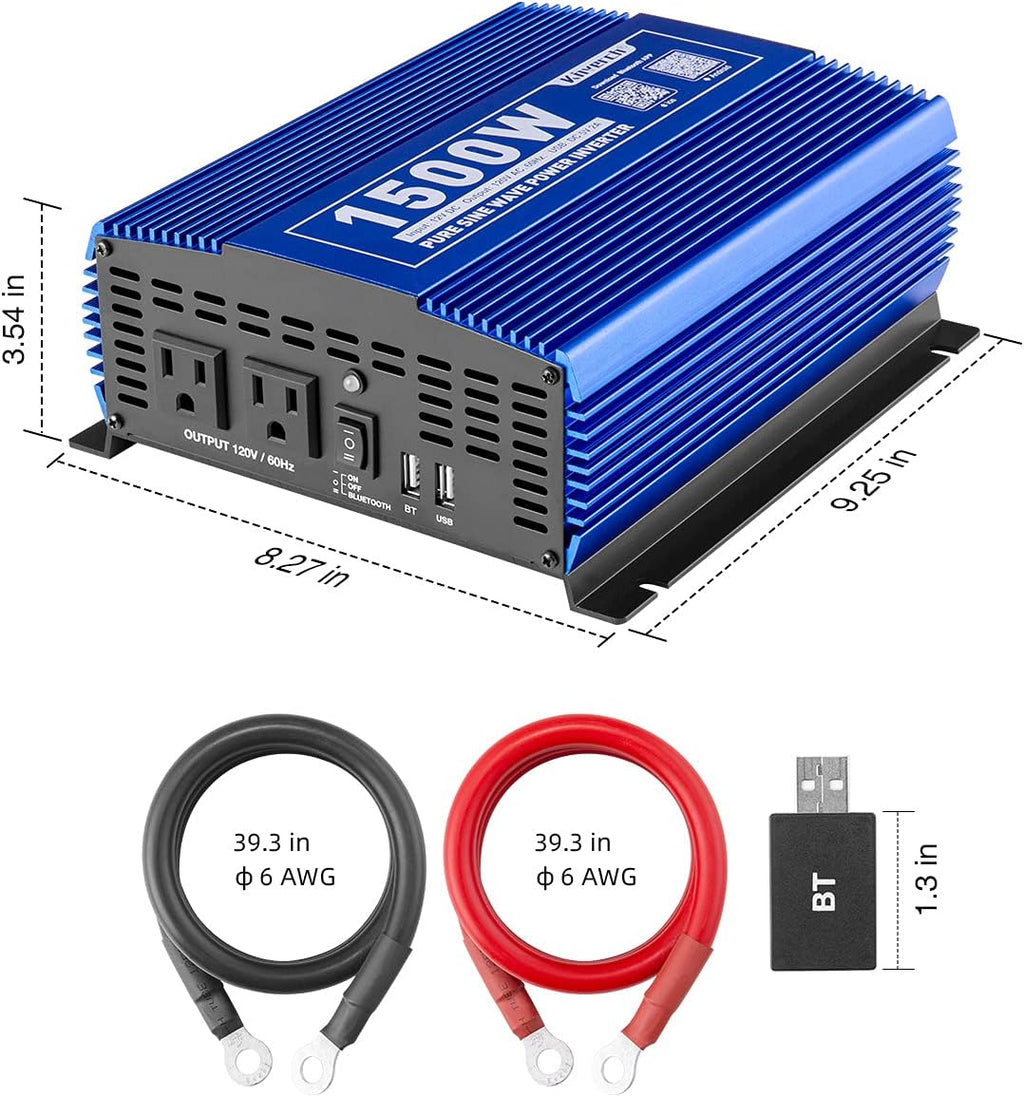 1500W Pure Sine Wave Power Inverter 12V DC to 110V AC Car Inverter with Bluetooth 2AC Outlets USB Port G1625