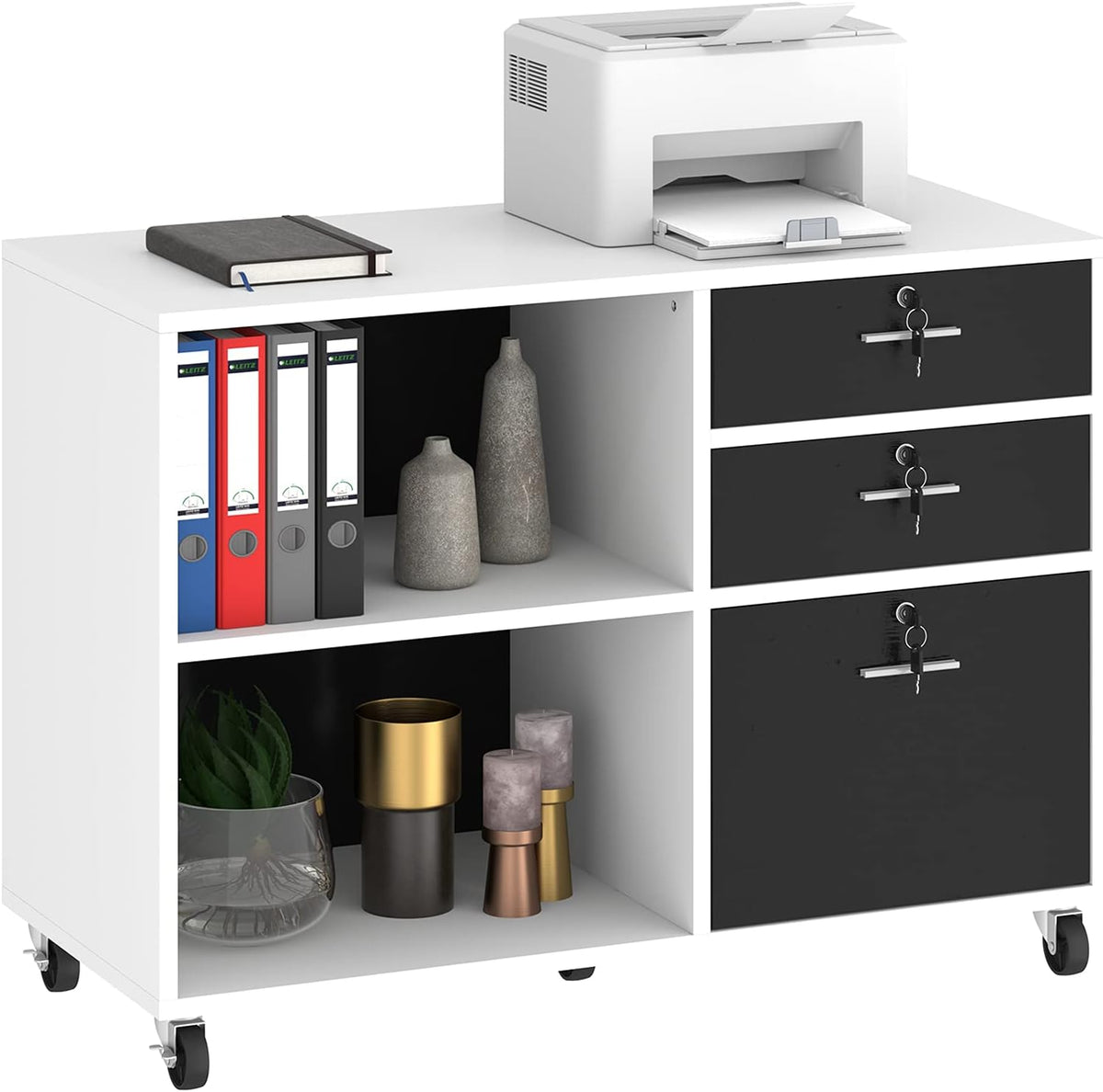 Grey 3 Drawer Mobile Lateral Filing Cabinet with 2 Open Shelves B220835