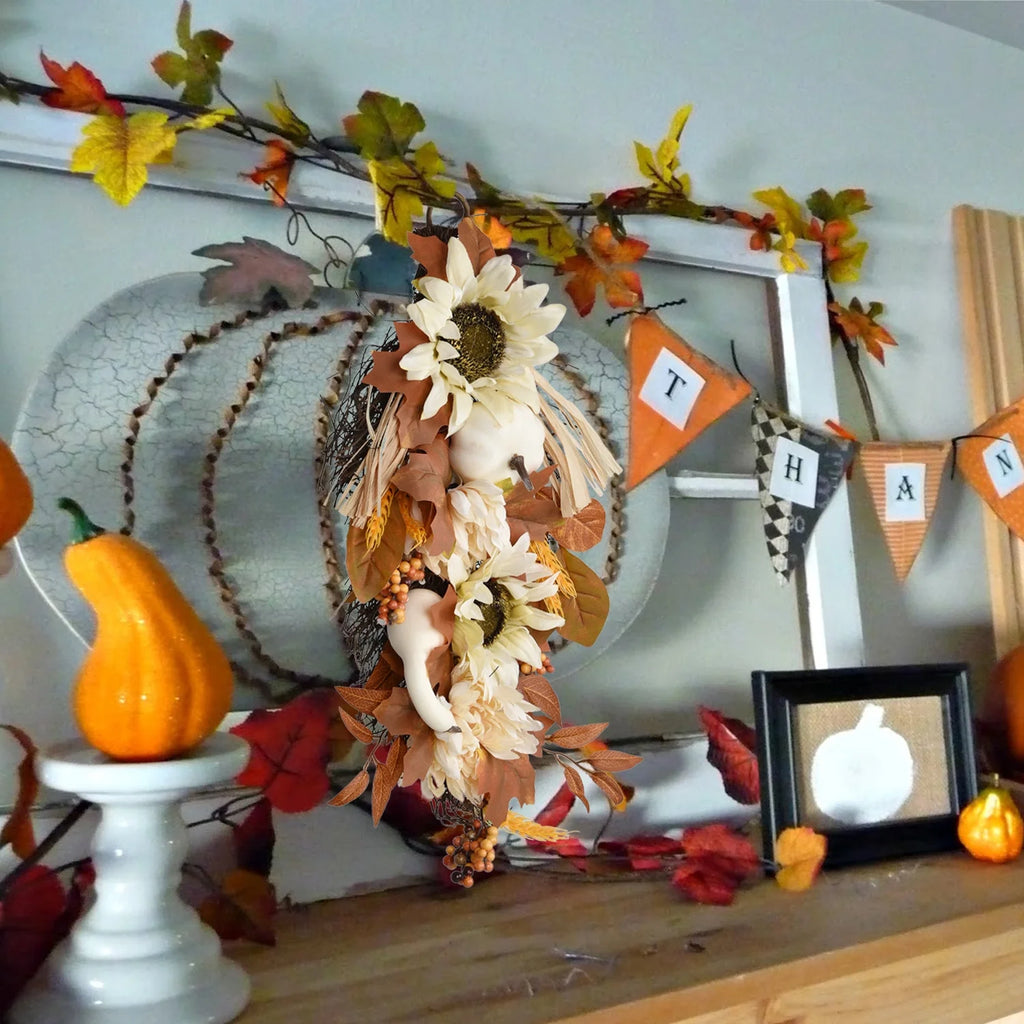 20 Inch Artificial Hanging Vine with Pumpkin Pine Cone Silk Flowers Fall Decor Q3928