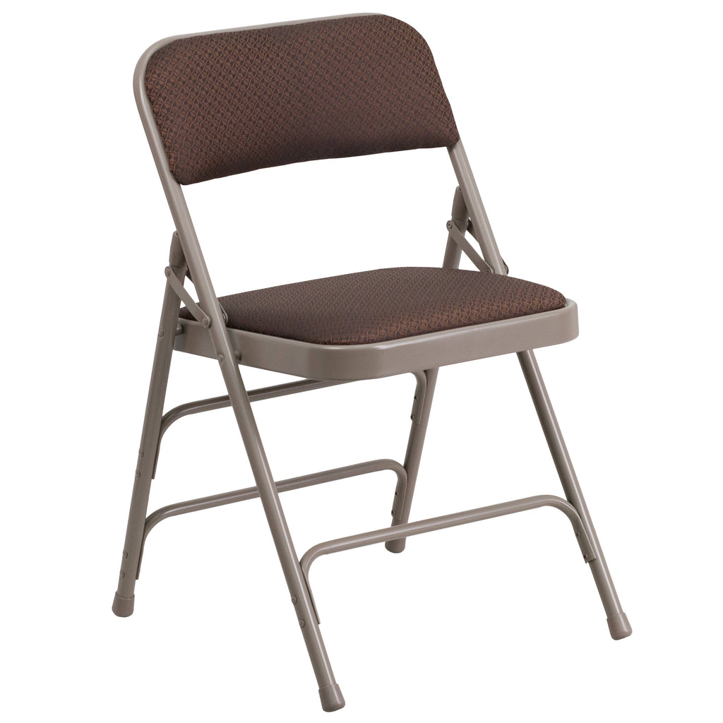 Curved Triple Braced Double Hinged Brown Patterned Fabric Metal Folding Chair C327