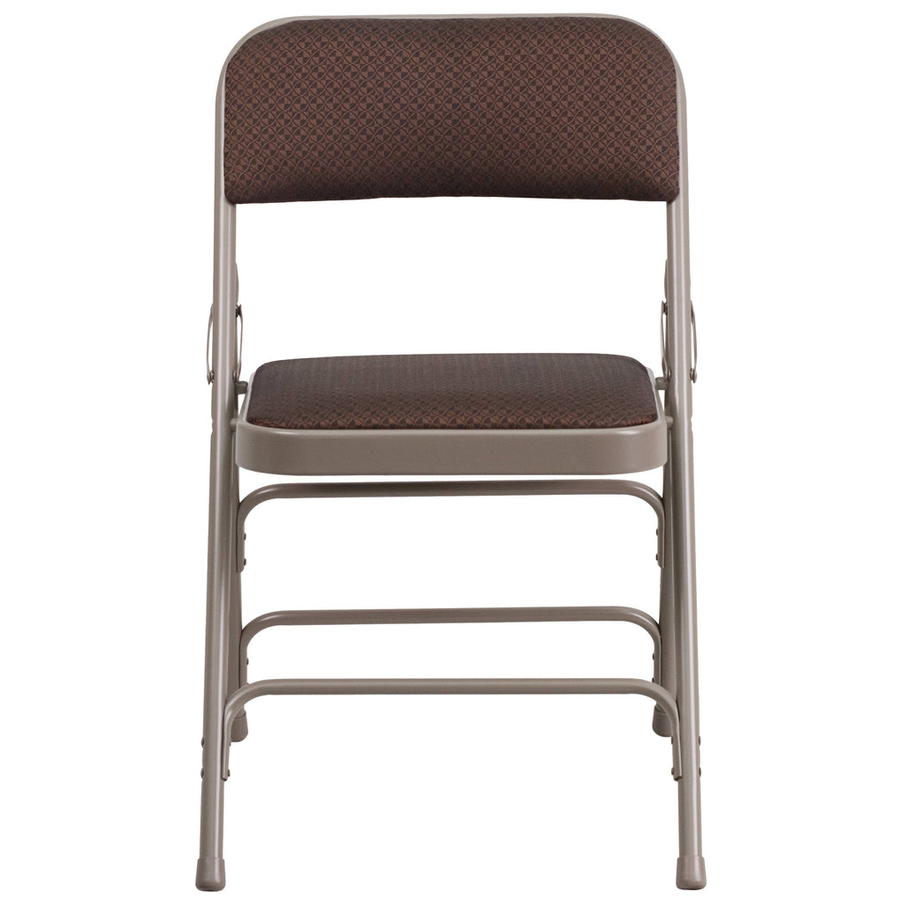 Curved Triple Braced Double Hinged Brown Patterned Fabric Metal Folding Chair C327