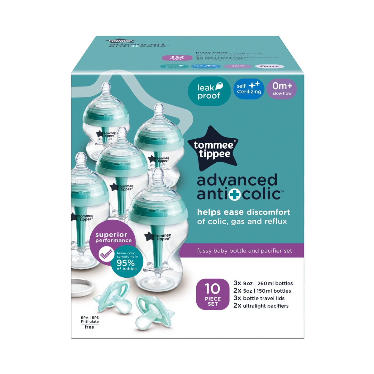 Anti-Colic Baby Bottle and Pacifier Set, 5oz and 9oz Self-Sterilizing Bottles P478131