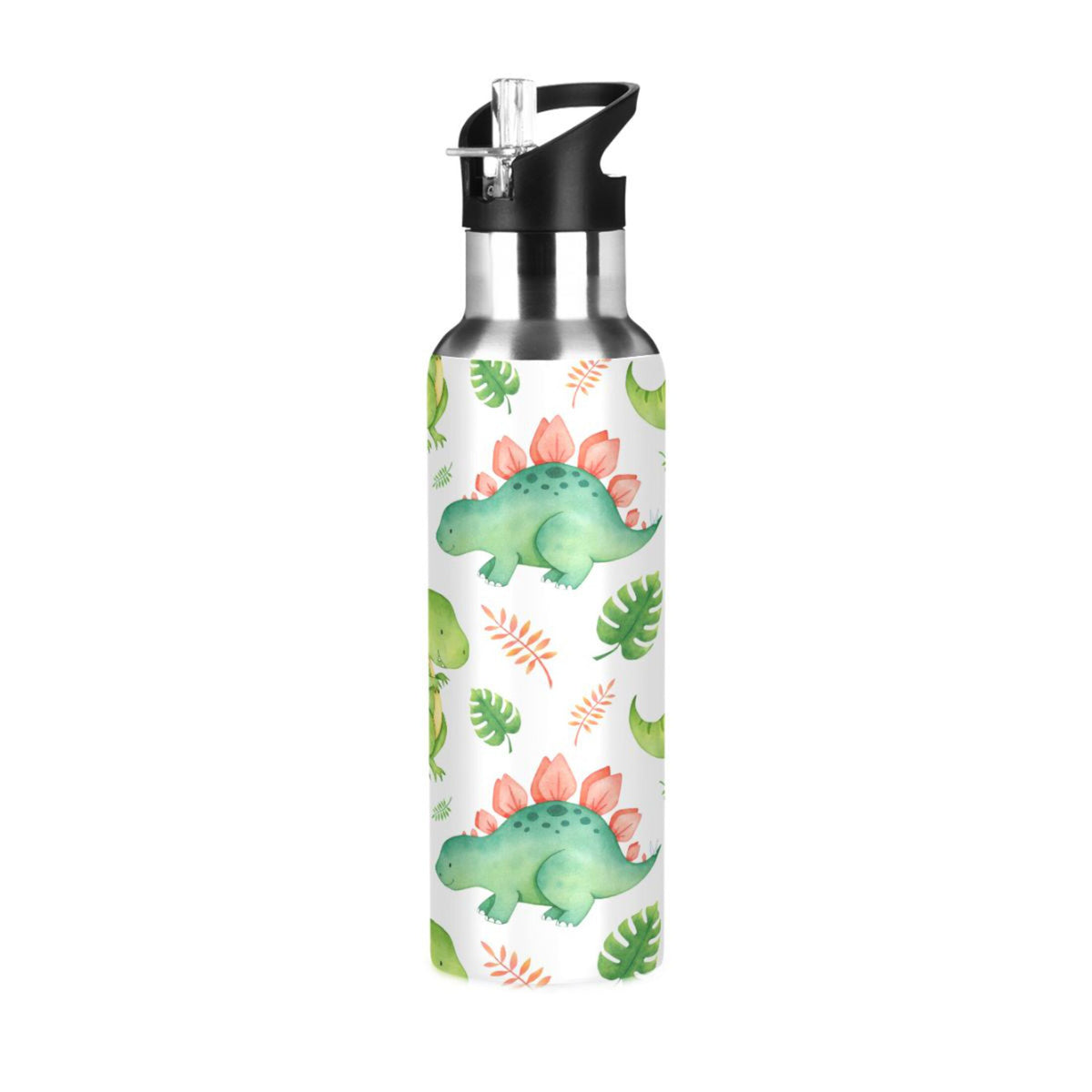Green Dinosaur Stainless Steel Insulated Water Bottle with Straw Lid L805981