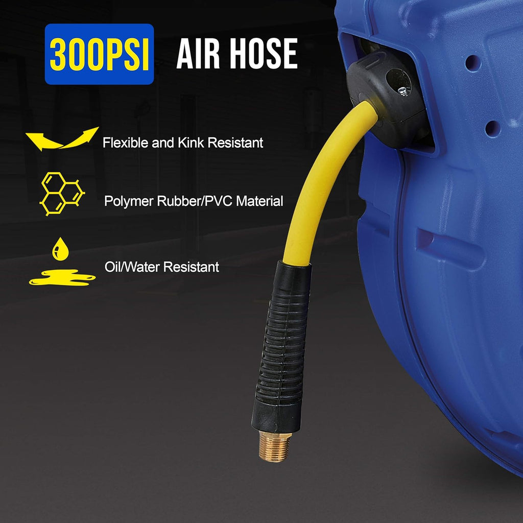 Retractable Air Hose Reel 3/8 Inch x 50 Foot Hybrid Polymer 300PSI R815