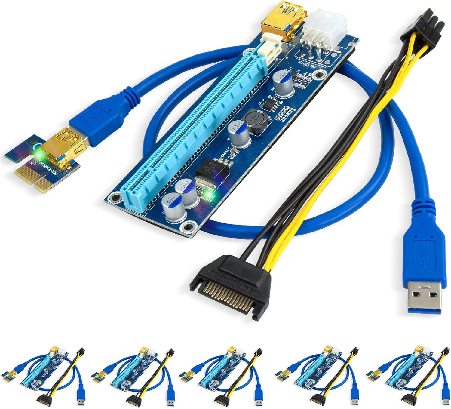 PCI-E Riser 1X to 16X, 4pcs Solid Capacitors, Gold-Plated USB 3.0 Cable Y166150