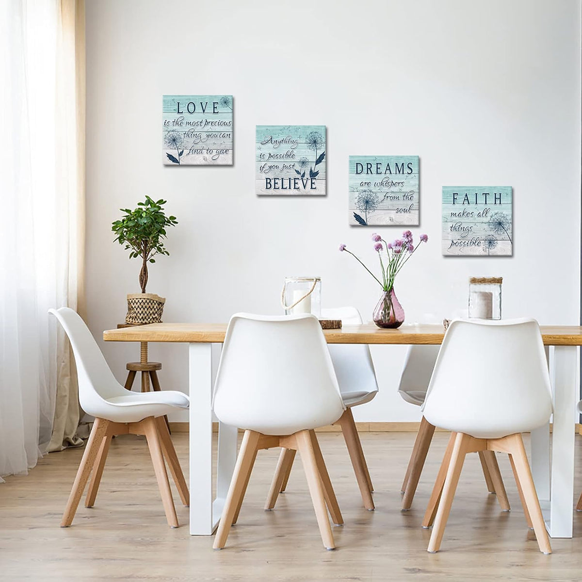 4 Panel Teal Blue Dandelion Canvas Wall Art B4733