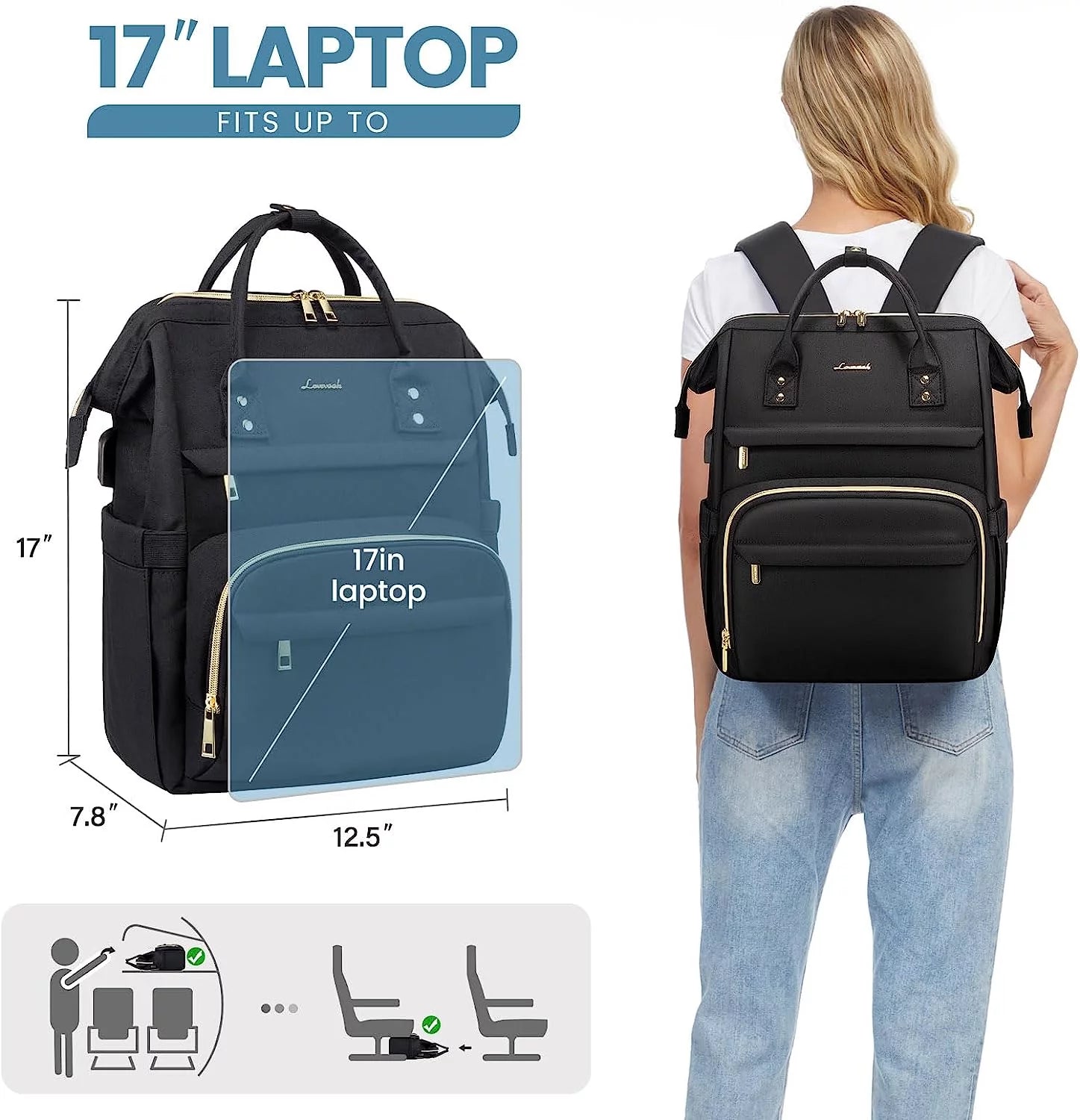 17" Waterproof Laptop Backpack with USB-Black L3921