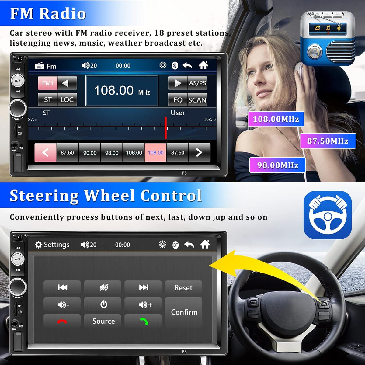 Double Din Bluetooth 7 Touch Screen Car Radio with Remote Control M606