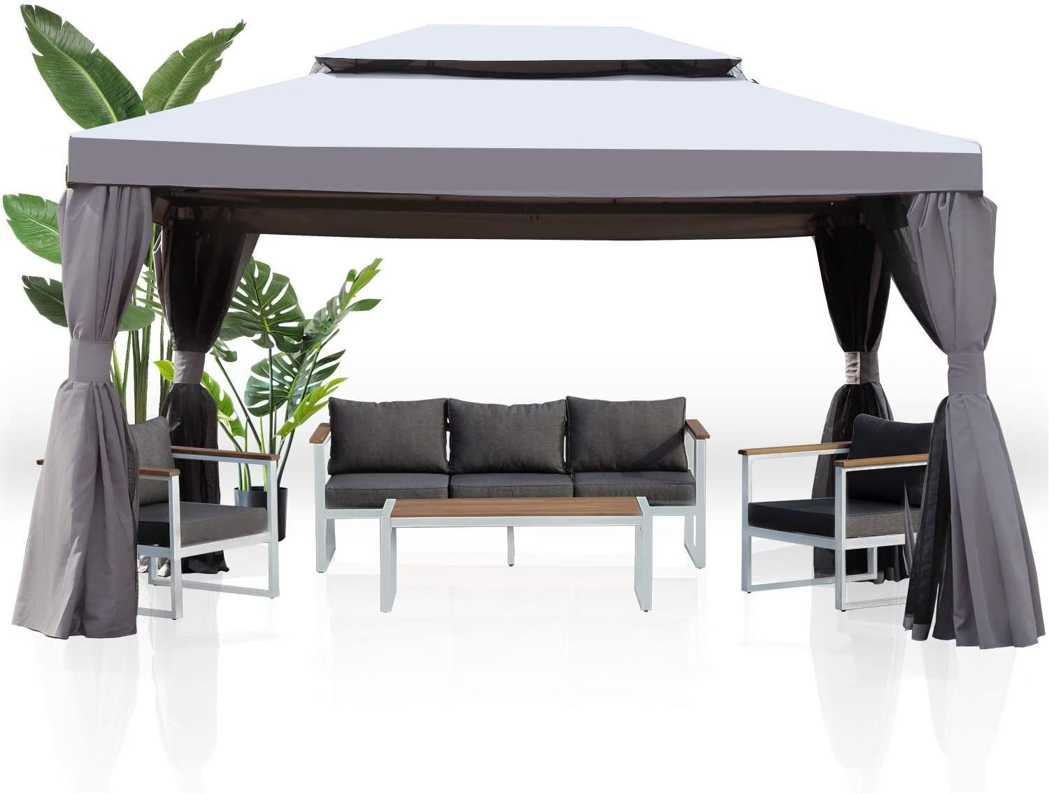 2-Tier Patio Gazebo with Mosquito Netting and Shade Curtains I951
