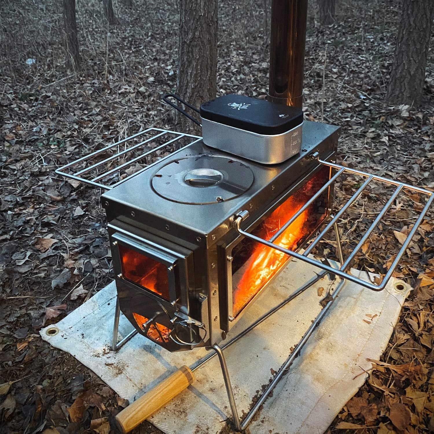 Camping Tent Wood Stove with 6 Section Chimney Pipes, Three-View Windows, Heavy Gauge 304 Stainless Steel W79573