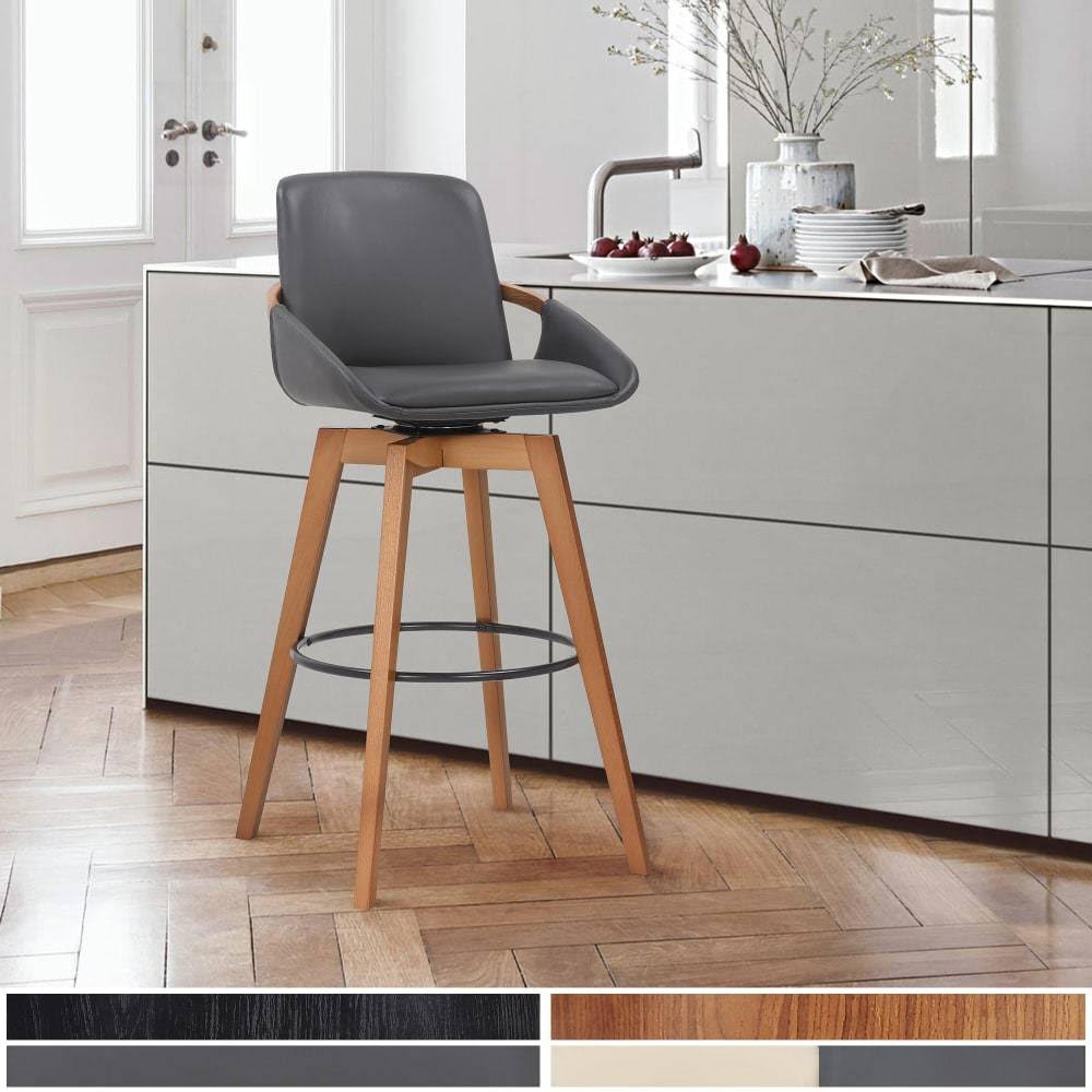 Cream Faux Leather Swivel Wood Bar Stool V913730