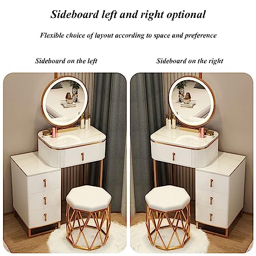 Vanity Set with Large Round Lighted Mirror, Glass Top, 4 Drawers and Cushioned Stool O509