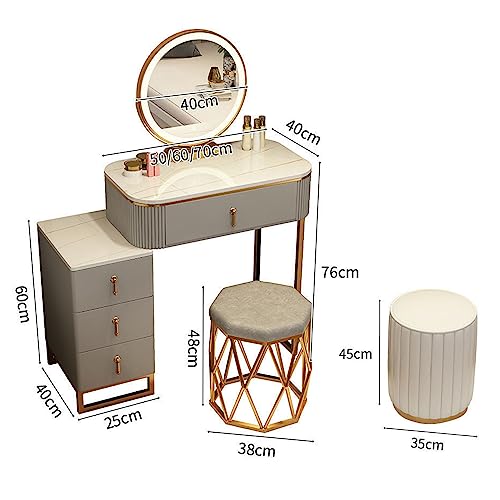 Vanity Set with Large Round Lighted Mirror, Glass Top, 4 Drawers and Cushioned Stool O509