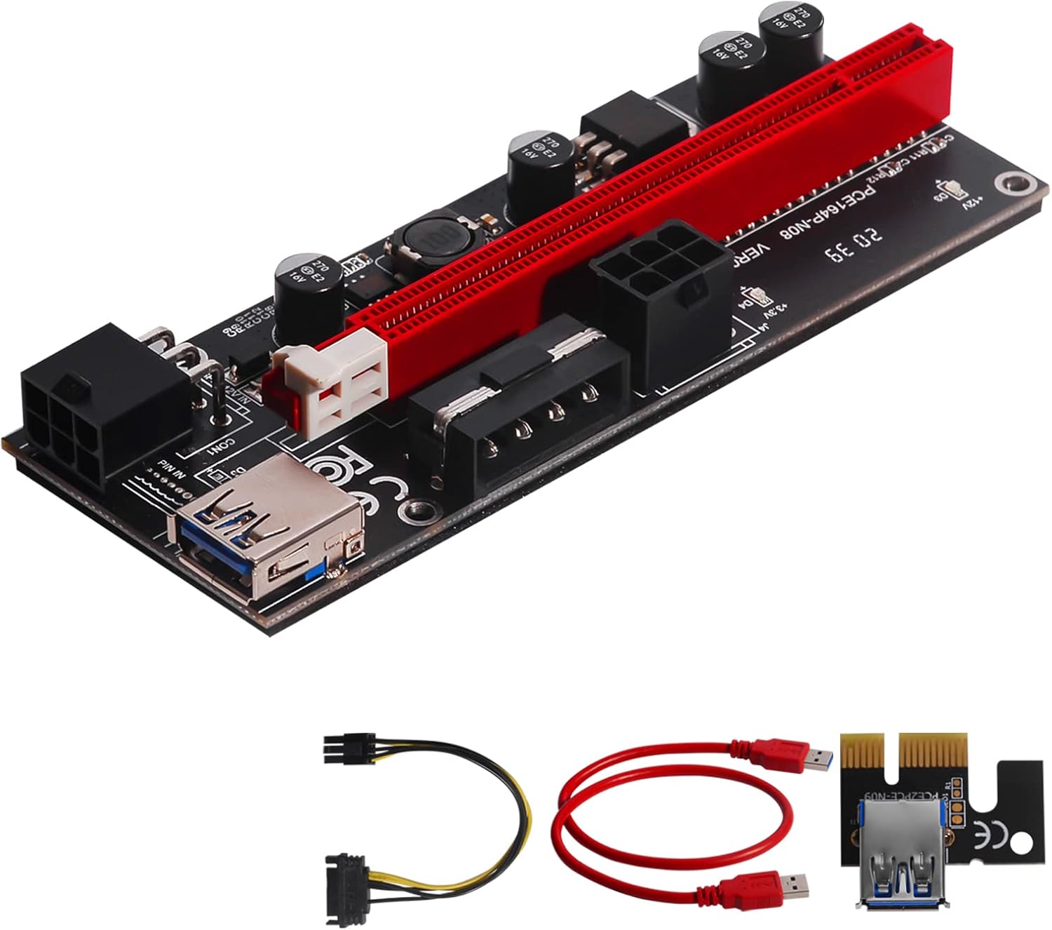 PCI-E Riser 1X to 16X, 4pcs Solid Capacitors, Gold-Plated USB 3.0 Cable Y166150