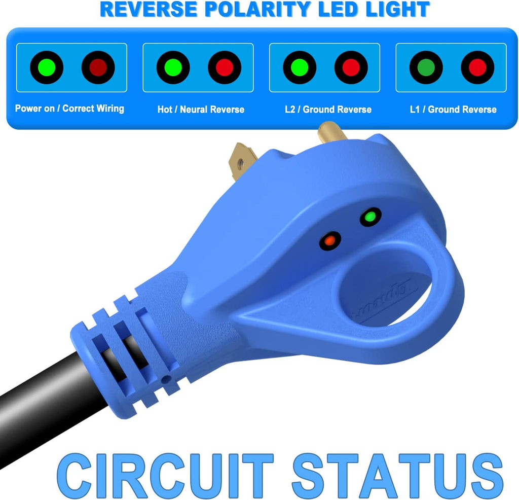 30 Amp 25 Feet RV Extension Cord with Polarity LED Light, Grip Handle, Twist Locking, STW 10AWG 3 Wire, NEMA TT-30P to L5-30R, Pack of 2 V424