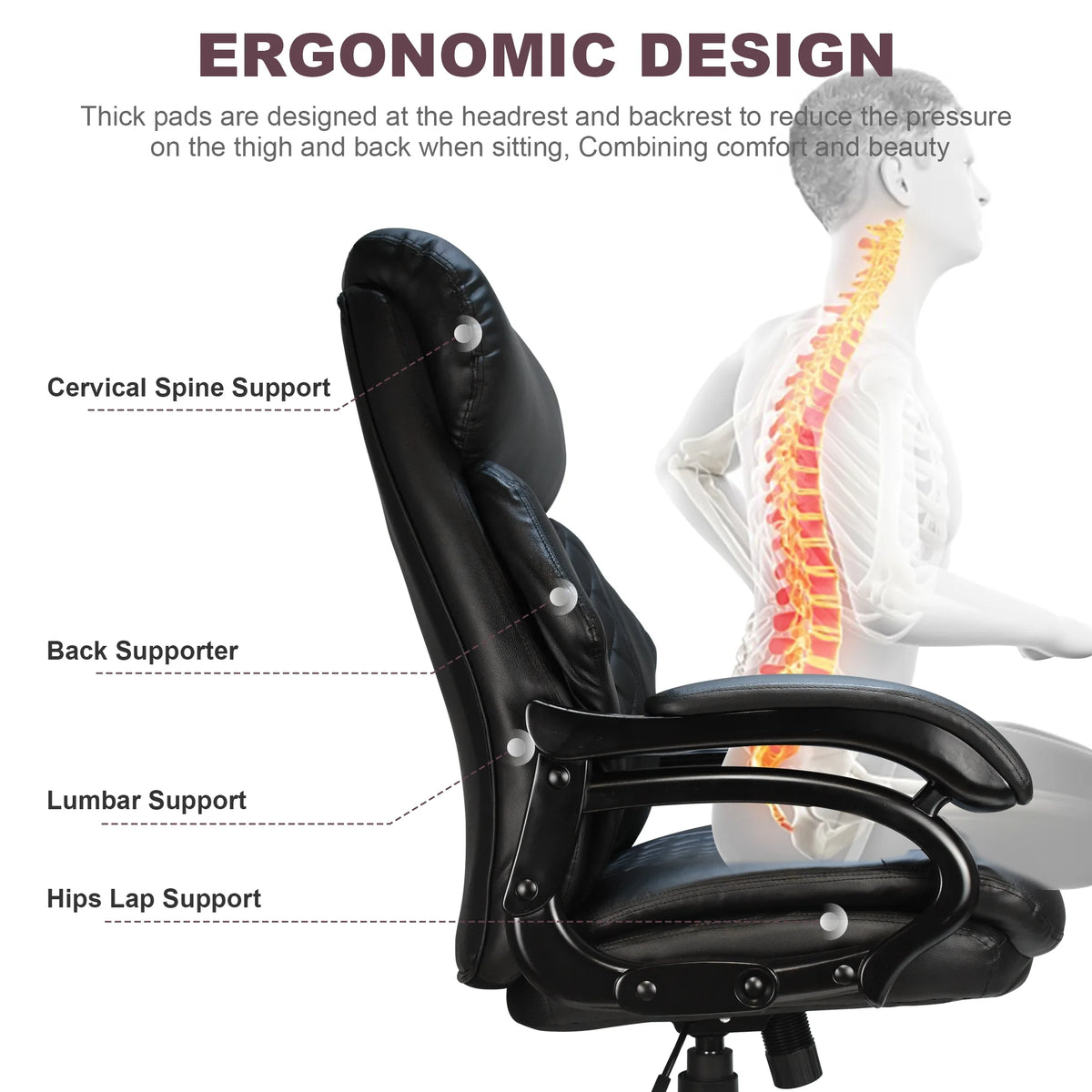 Heavy Duty High Back Ergonomic Leather Office Chair, Black F95383