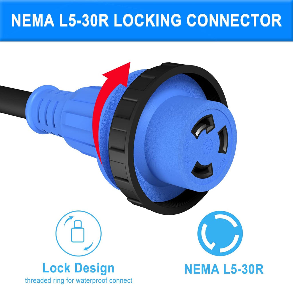 30 Amp 25 Feet RV Extension Cord with Polarity LED Light, Grip Handle, Twist Locking, STW 10AWG 3 Wire, NEMA TT-30P to L5-30R, Pack of 2 V424