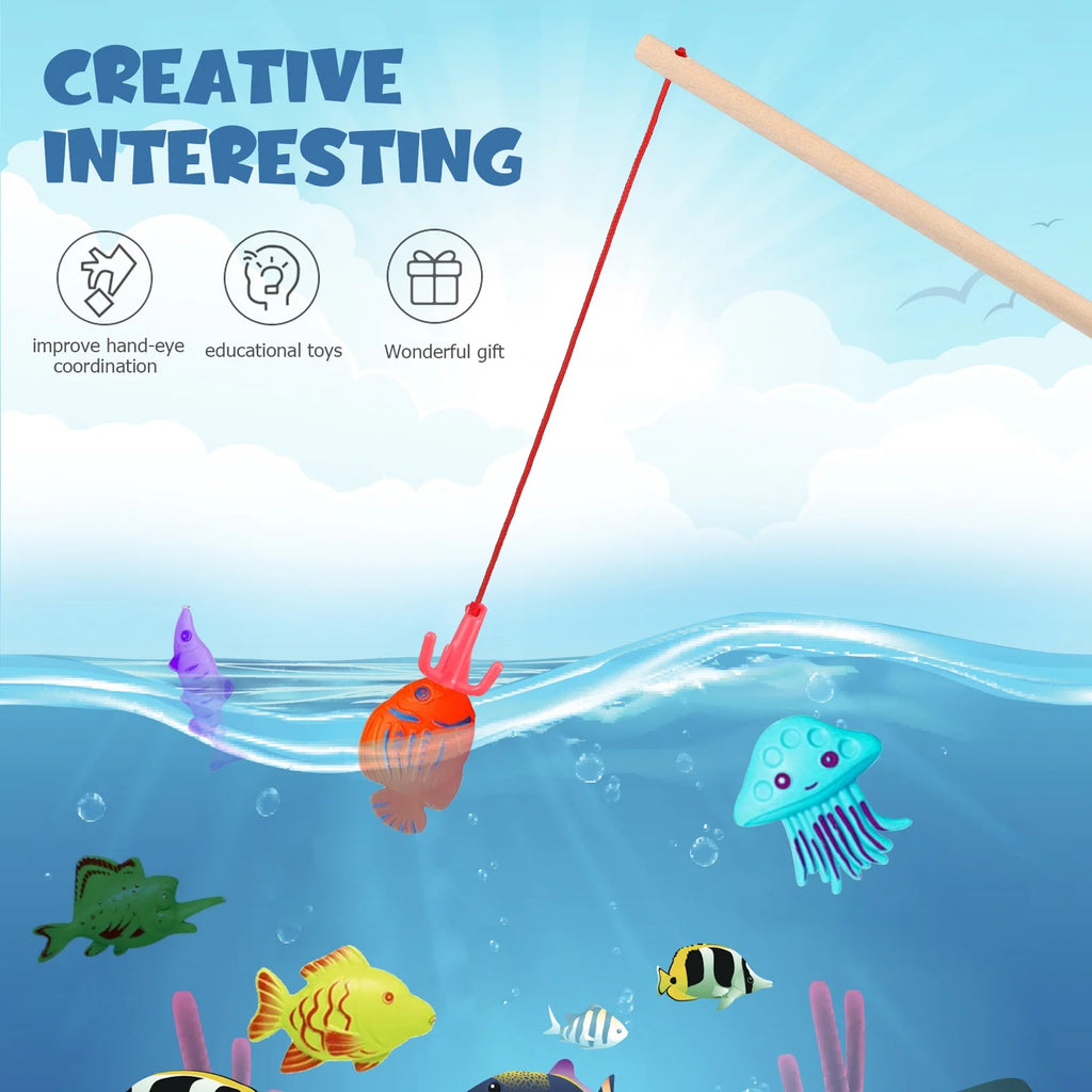 8 Pcs Magnetic Fishing Poles Wooden Fishing Rods Fishing Game Tools Early Educational Plaything K8967