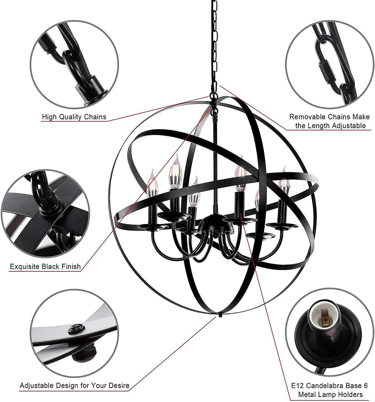 Black 6-Light Farmhouse Chandelier with Spherical Shade K667