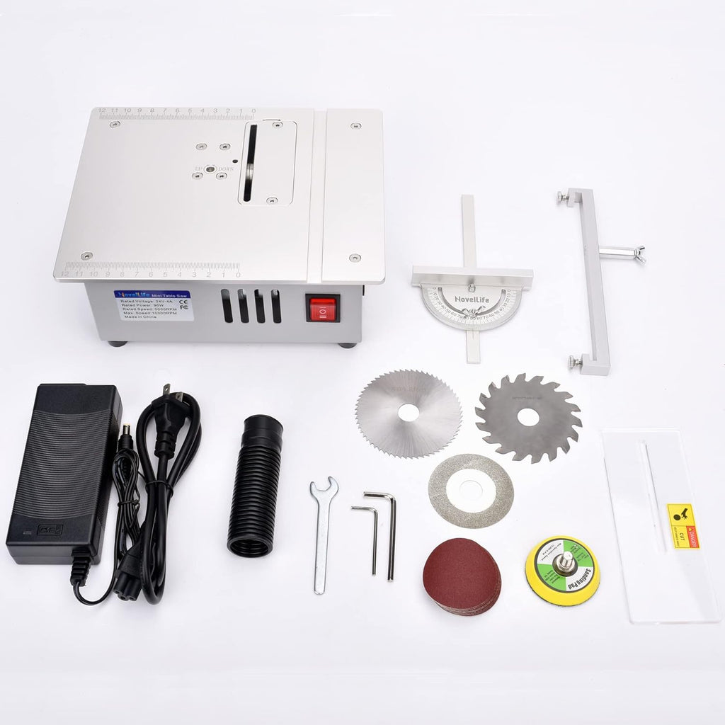 Mini Hobby Table Saw with Miter Gauge, 3 Inch HSS Alloy Steel Circular Saw Blade, Polishing Pad, 96W Power Supply B7772