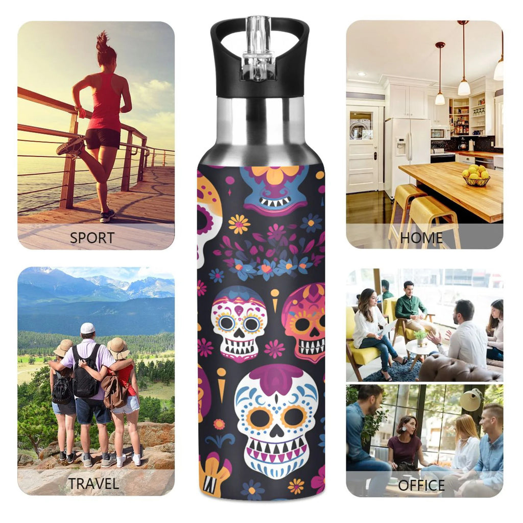 Colorful Skeletons Skulls Stainless Steel Insulated Water Bottle with Straw Lid V436