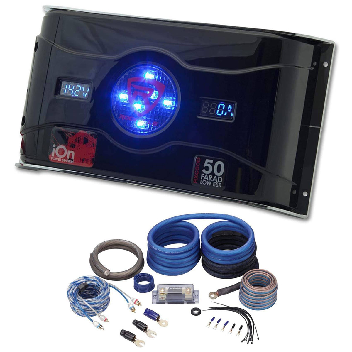 0 Gauge 100% Copper Amp Wire Kit with Dual Meter 50 Farad LED Capacitor O830