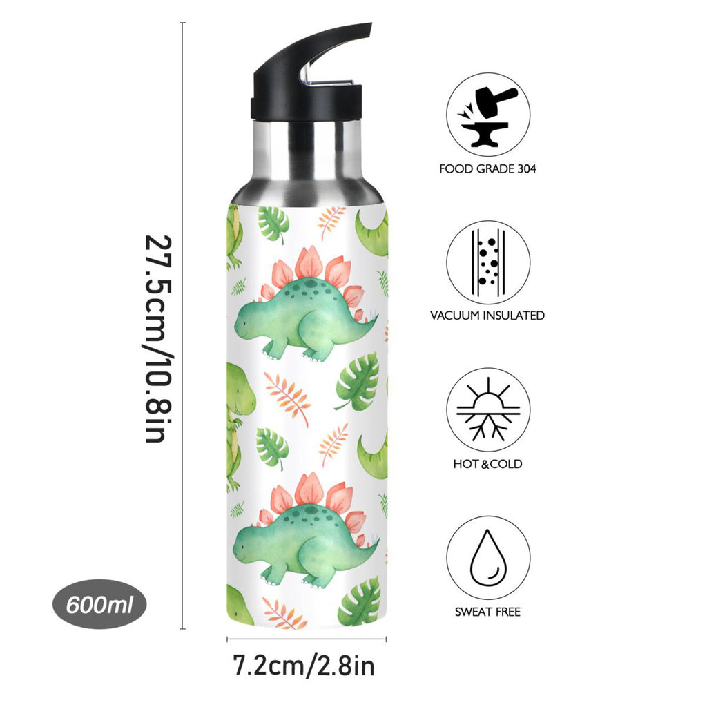 Green Dinosaur Stainless Steel Insulated Water Bottle with Straw Lid L805981