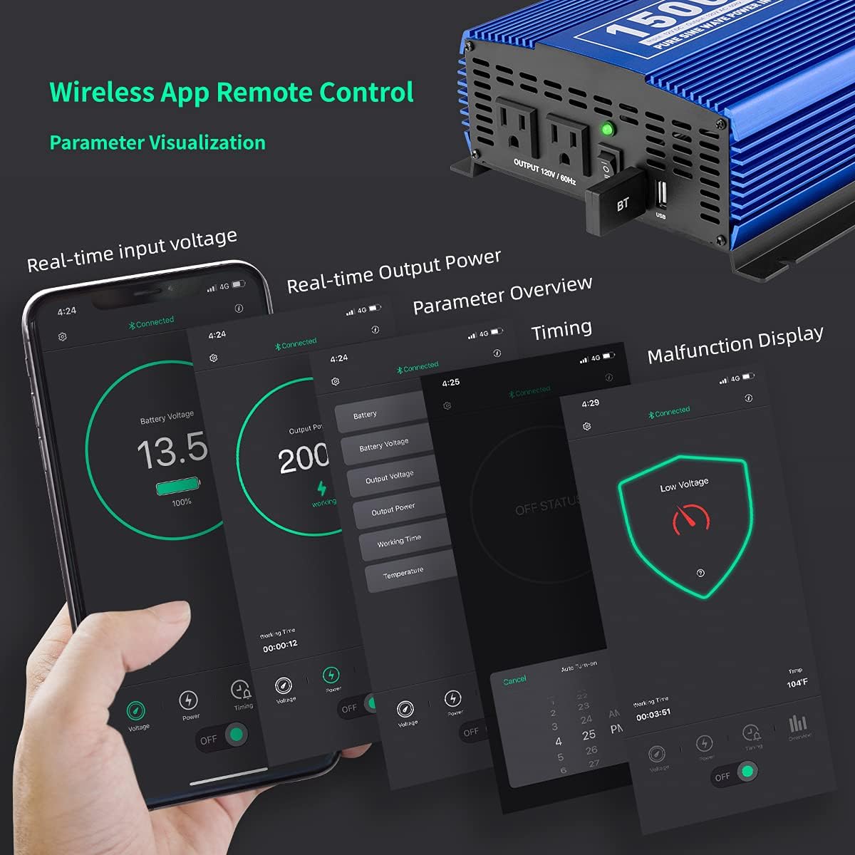 1500W Pure Sine Wave Power Inverter 12V DC to 110V AC Car Inverter with Bluetooth 2AC Outlets USB Port G1625