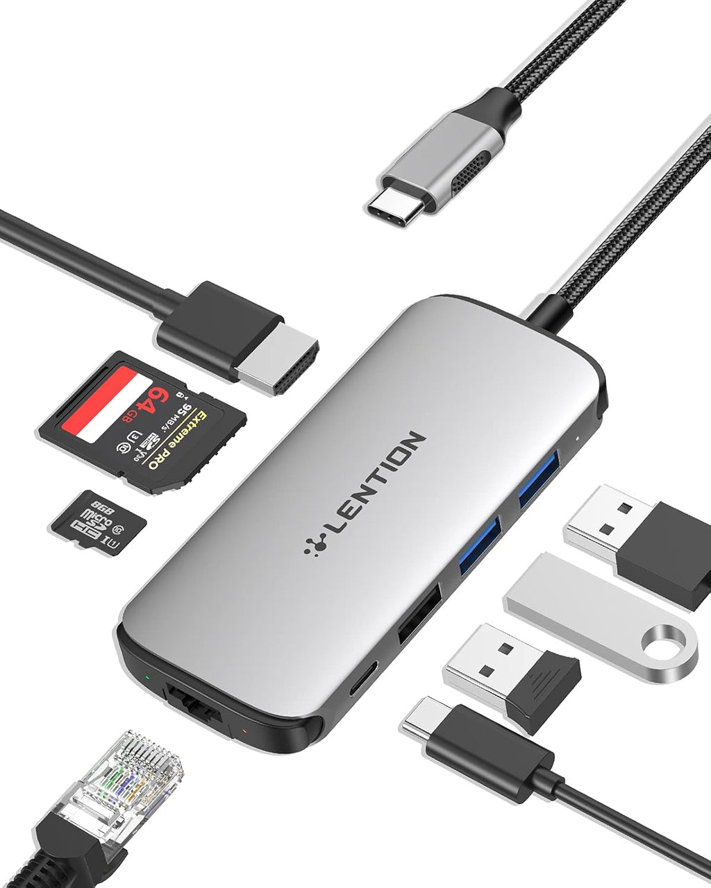 USB C Hub with 4K HDMI, USB 3.0, Card Readers, Gigabit Ethernet & PD Adapter, Space Gray E717908