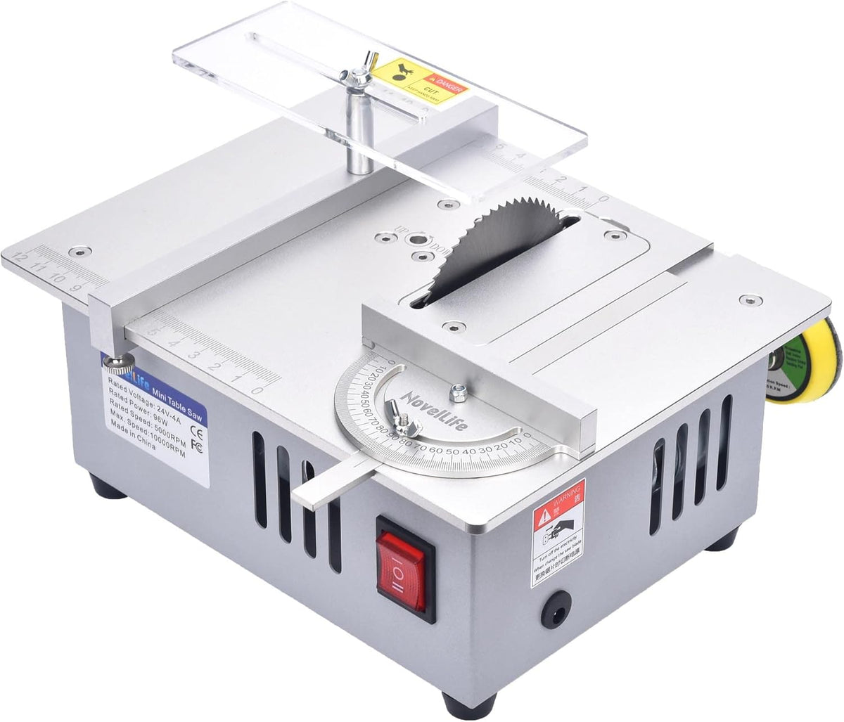 Mini Hobby Table Saw with Miter Gauge, 3 Inch HSS Alloy Steel Circular Saw Blade, Polishing Pad, 96W Power Supply B7772