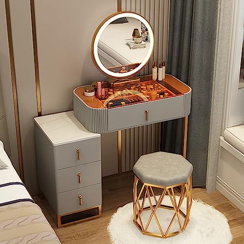 Vanity Set with Large Round Lighted Mirror, Glass Top, 4 Drawers and Cushioned Stool O509