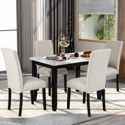 5 Piece Dining Set White Black Beige D814