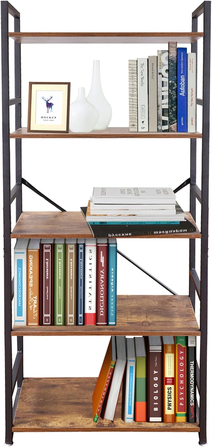 5 Tier Industrial Bookshelf, Wood and Metal, 24 x 12 x 62 J557