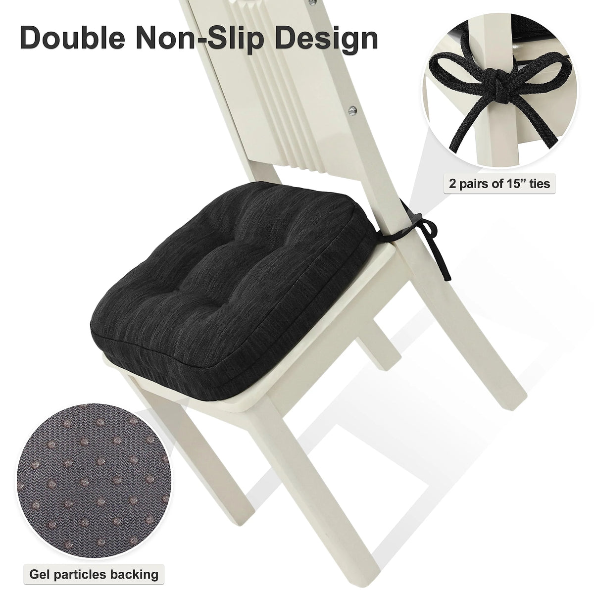Black Tufted Chair Cushions with Ties, 16.5" X 16.5" W683