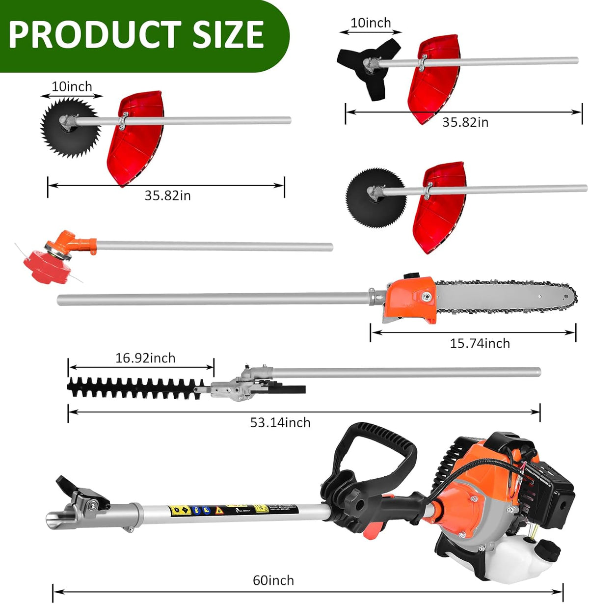 52cc 6 in 1 Gas Petrol Hedge Trimmer Brush Cutter Chainsaw E921768
