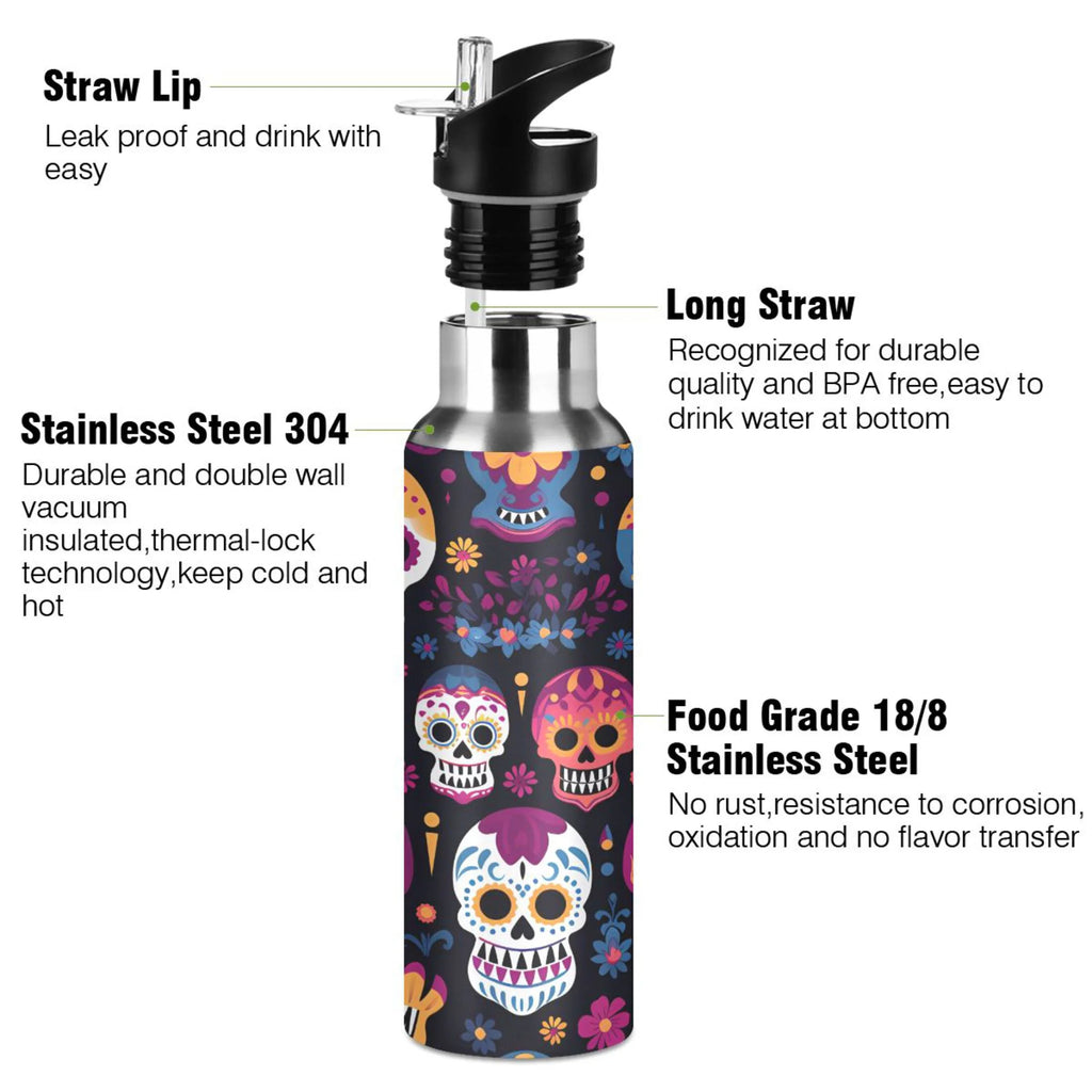 Colorful Skeletons Skulls Stainless Steel Insulated Water Bottle with Straw Lid V436