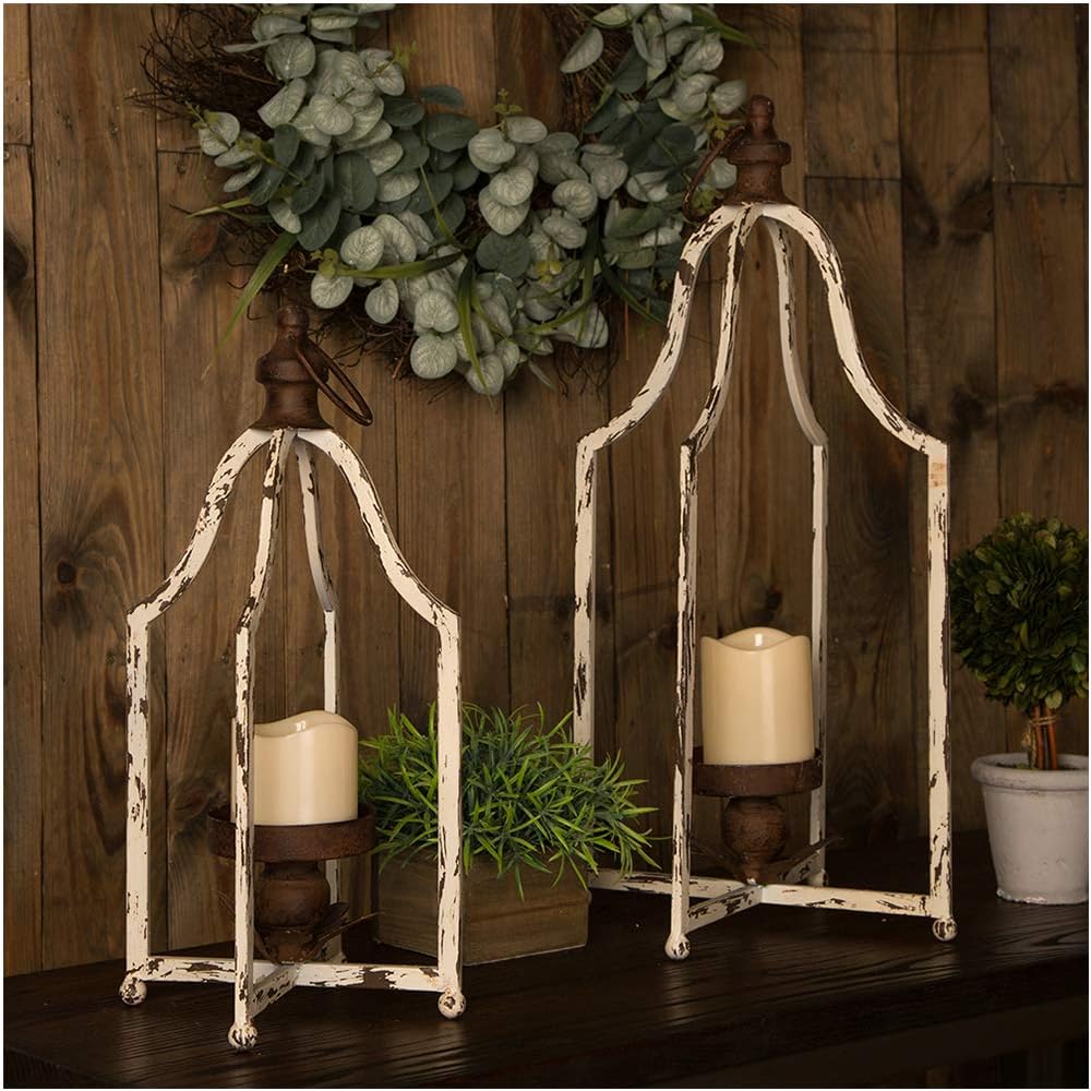 Distressed White Metal Hanging Candle Lanterns Set of 2 B354