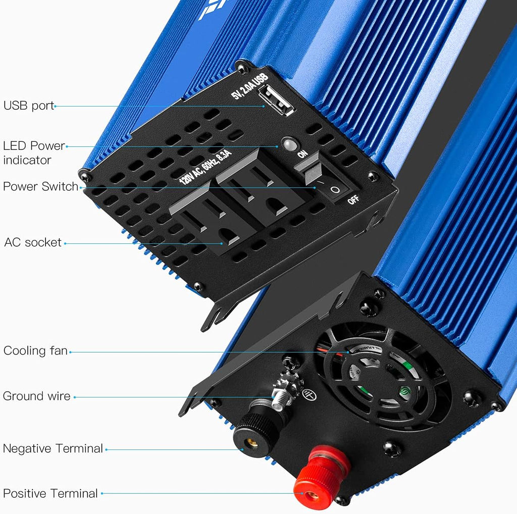 1500W Pure Sine Wave Power Inverter 12V DC to 110V AC Car Inverter with Bluetooth 2AC Outlets USB Port G1625