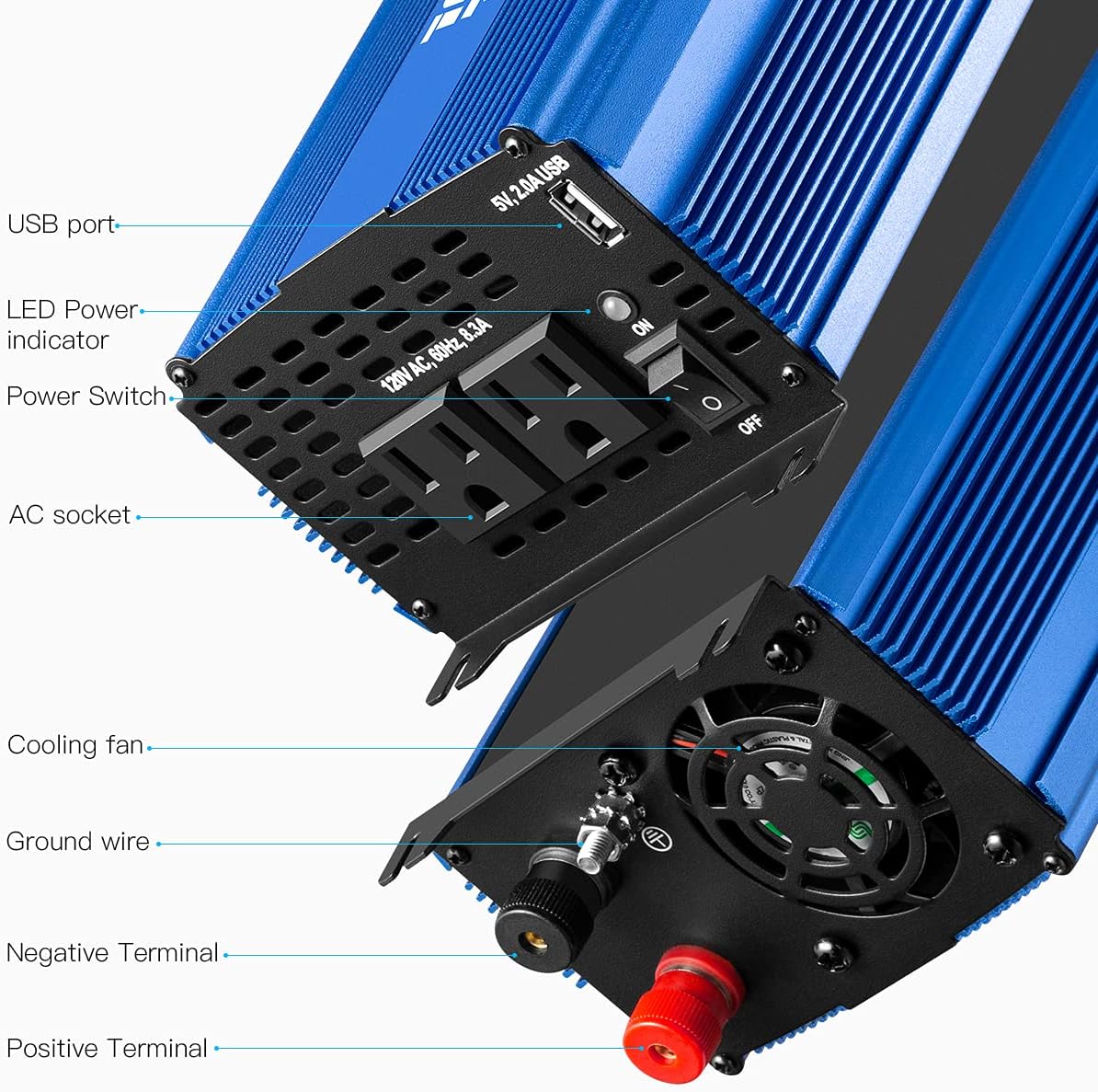 1500W Pure Sine Wave Power Inverter 12V DC to 110V AC Car Inverter with Bluetooth 2AC Outlets USB Port G1625