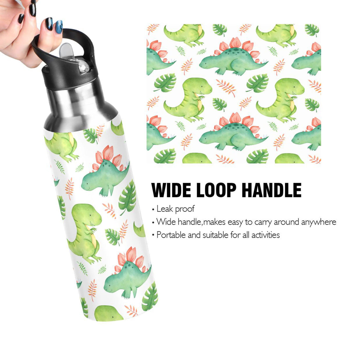 Green Dinosaur Stainless Steel Insulated Water Bottle with Straw Lid L805981