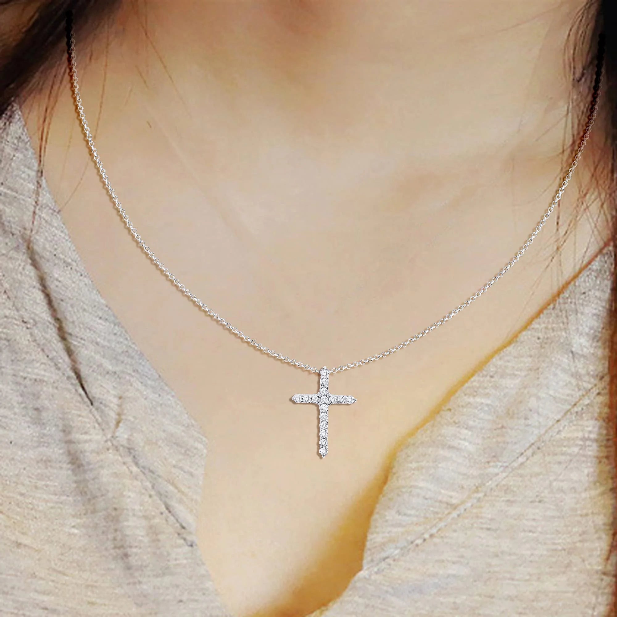 18K White Gold Over Silver Diamond Cross Pendant Necklace P69683