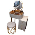 Vanity Set with Large Round Lighted Mirror, Glass Top, 4 Drawers and Cushioned Stool O509