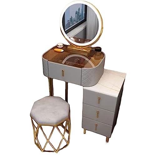 Vanity Set with Large Round Lighted Mirror, Glass Top, 4 Drawers and Cushioned Stool O509
