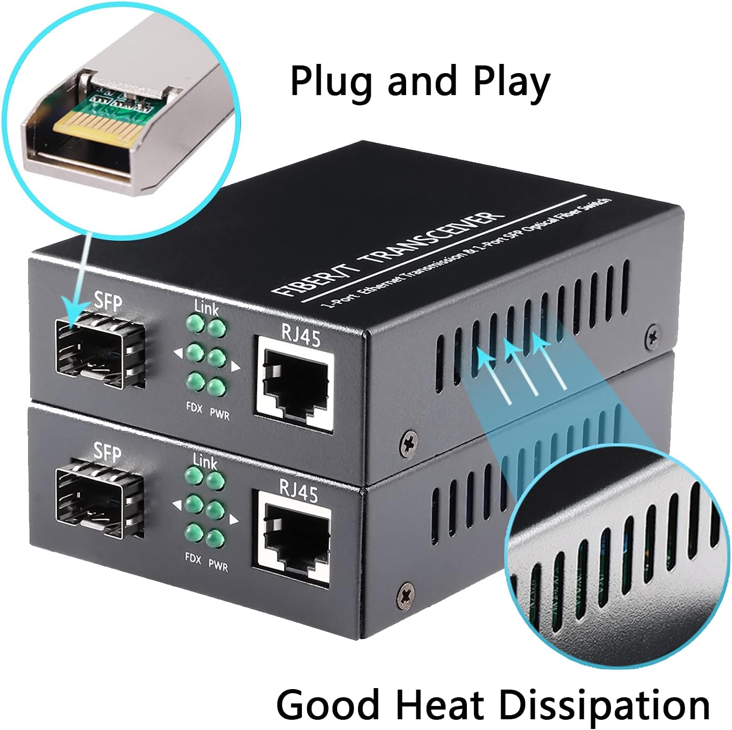 1.25G/s Bidi Gigabit Multi-Mode Fiber Ethernet Media Converter with 2PCS Bidi SFP LC Dual Transceiver Module, 10/100/1000Base-Tx to 1000Base-SX SMF RJ45 to SFP Slot, 550M, Pack of 2 P481242