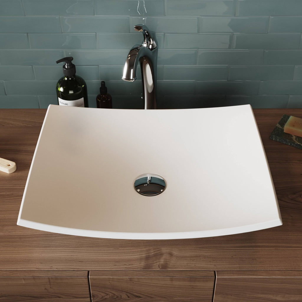 White Matte Solid Surface Rectangular Bathroom Vessel Sink and Faucet Combo Set with Pop-Up Drain M532216
