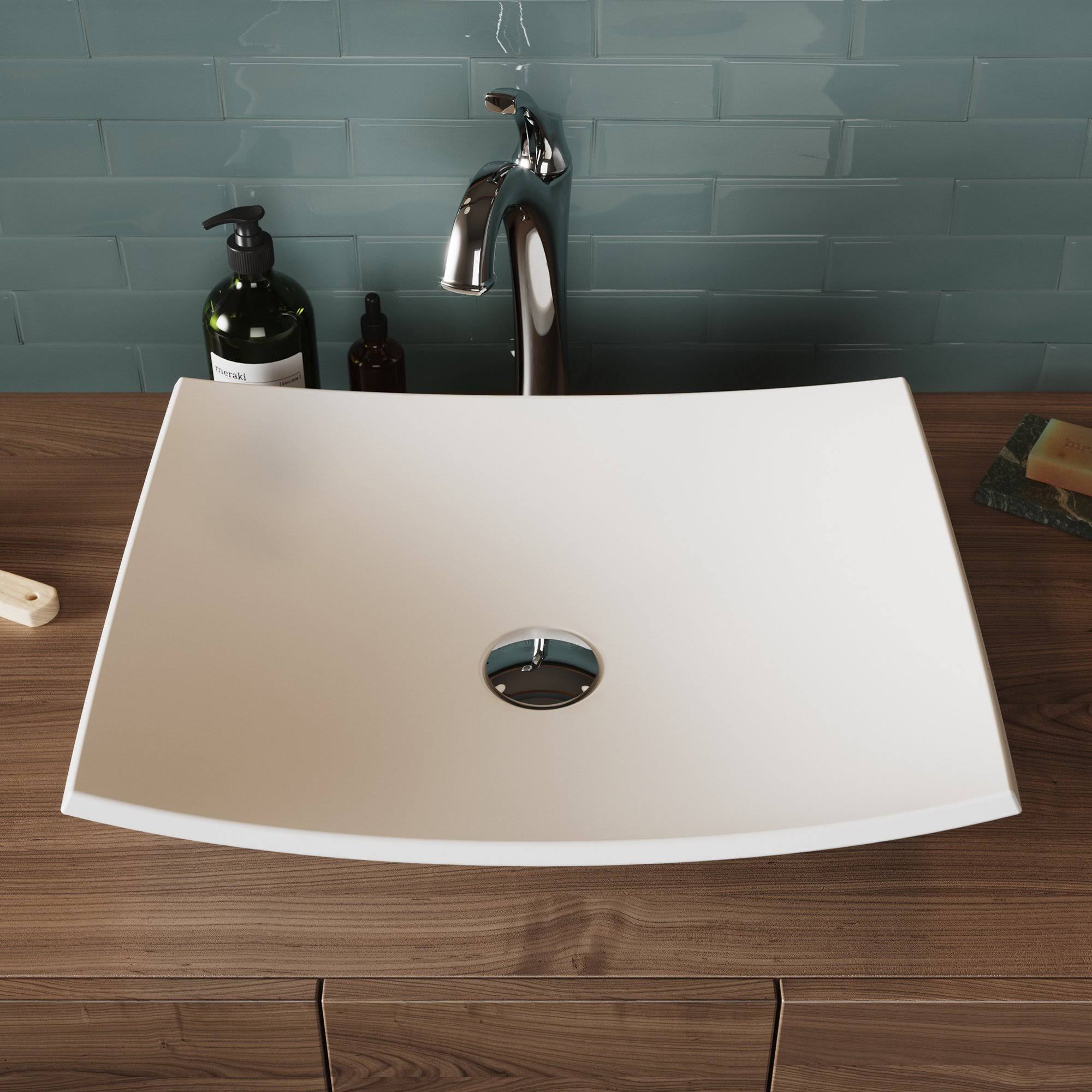 White Matte Solid Surface Rectangular Bathroom Vessel Sink and Faucet Combo Set with Pop-Up Drain M532216