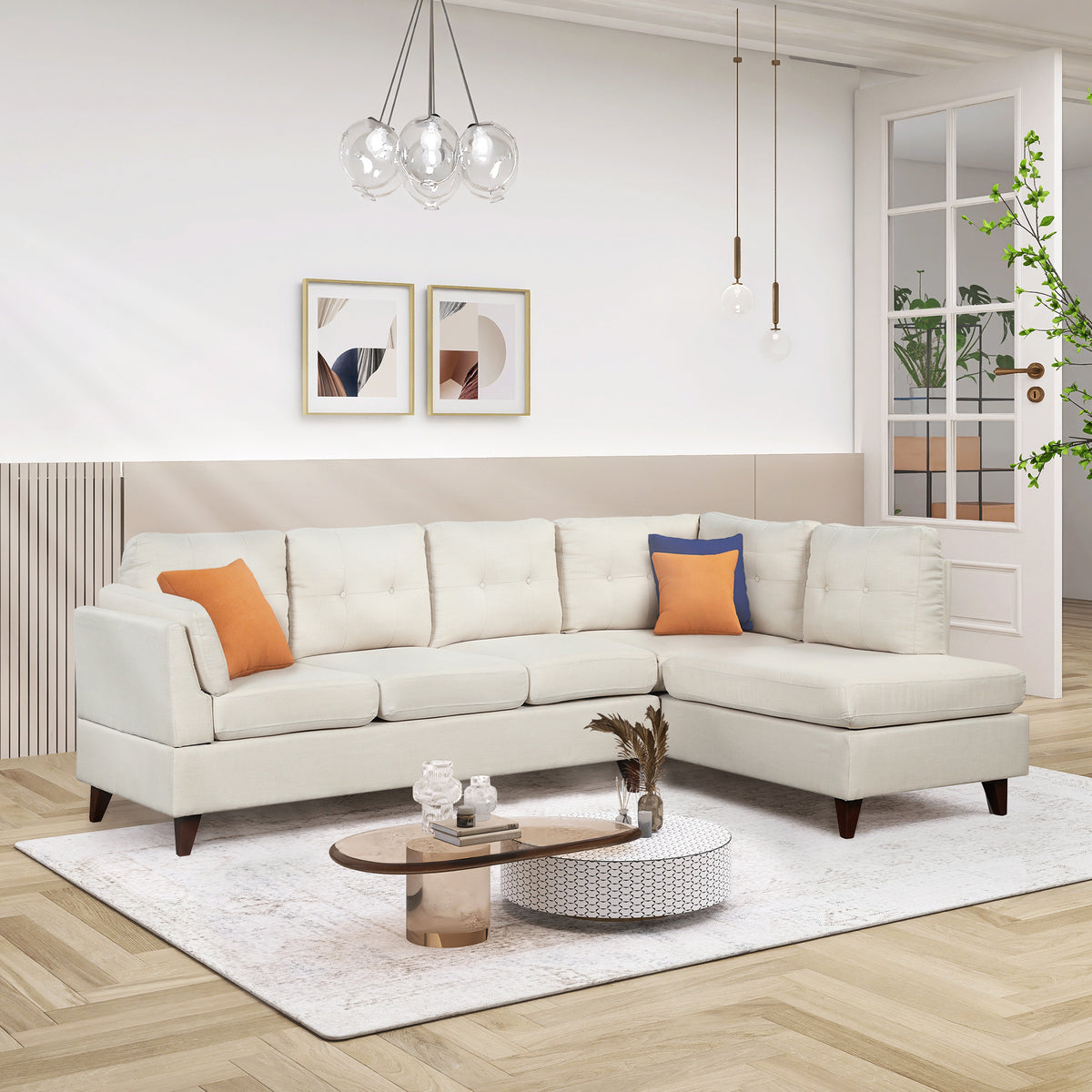 Beige Linen Fabric L-Shape Sectional Sofa with Chaise Lounge C832