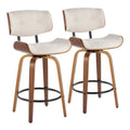 26" Mid-Century Modern Counter Stool with Swivel in Walnut Wood and Cream Noise Fabric with Round Black Metal Footrest - Set of 2 Y3003