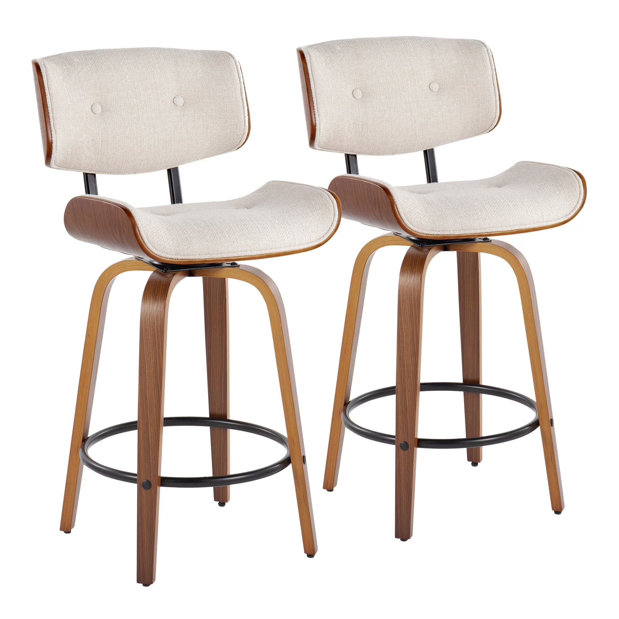 26" Mid-Century Modern Counter Stool with Swivel in Walnut Wood and Cream Noise Fabric with Round Black Metal Footrest - Set of 2 Y3003